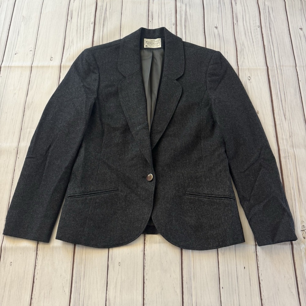Vintage Pendleton 100% Pure Virgin Wool One Button Blazer Jacket 8 Charcoal Gray